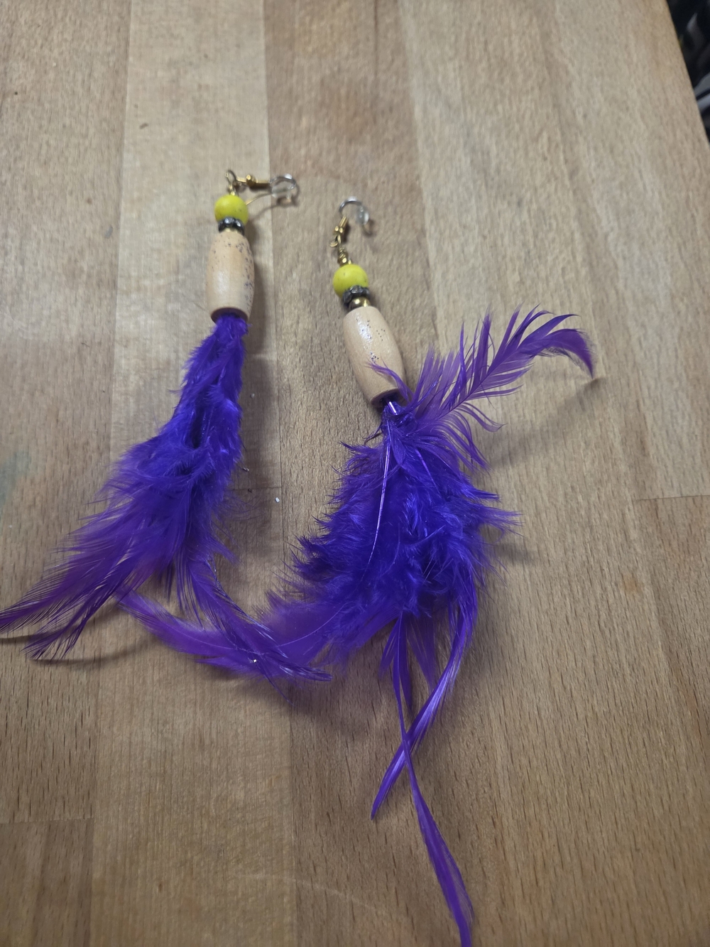 Purple Feather Drop Earrings with Bead Accents